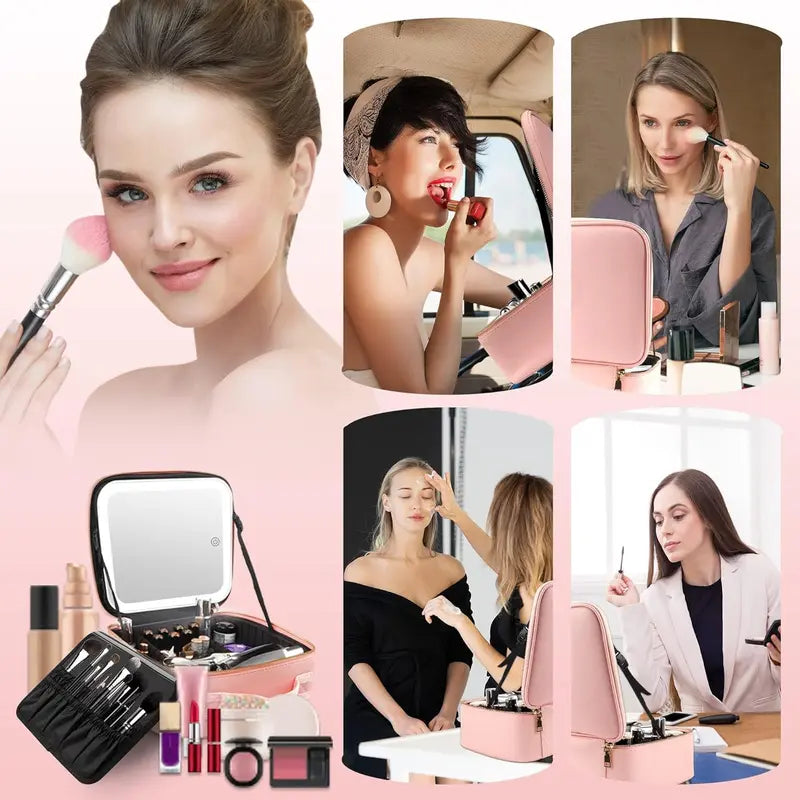 LED Makeup Bag with Mirror & Light – Portable Travel Cosmetic Organizer Case