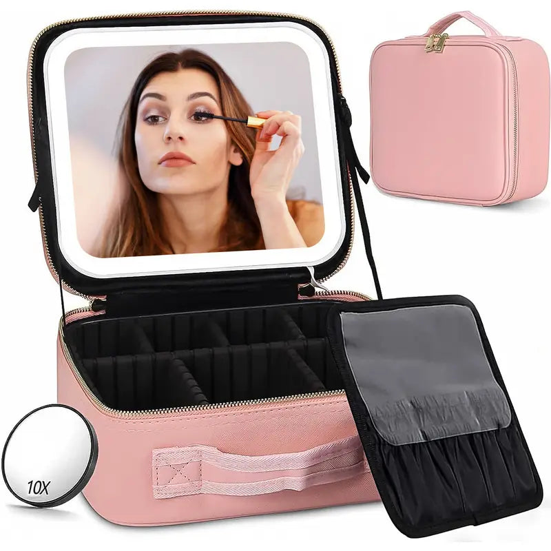 LED Makeup Bag with Mirror & Light – Portable Travel Cosmetic Organizer Case