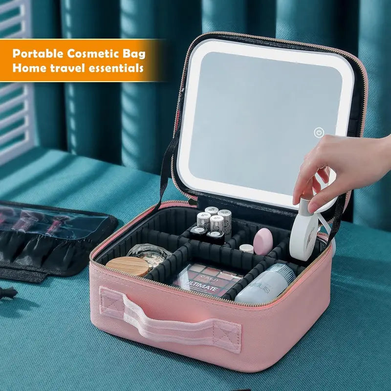 LED Makeup Bag with Mirror & Light – Portable Travel Cosmetic Organizer Case