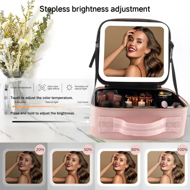 LED Makeup Bag with Mirror & Light – Portable Travel Cosmetic Organizer Case